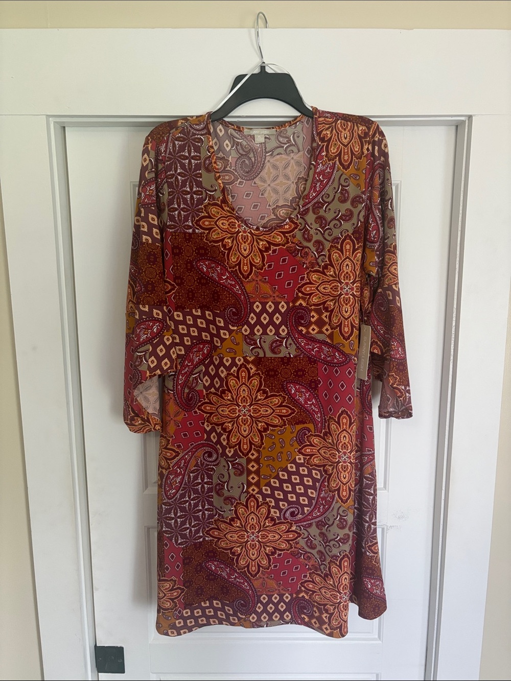 Sunny Leigh Burgundy and Mustard Paisley Patchwork V-Neck Long Sleeve Dress